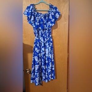 Eliza J Blue Floral Off-Shoulder Ruffle Dress, Size 14, 100% Polyester